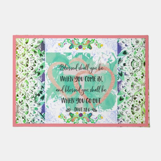 「賛美」Duetonomy 28:6クロスハートレース ドアマット (正面)