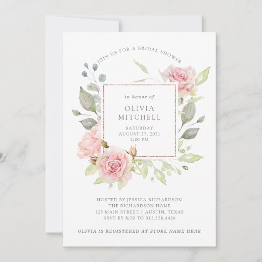 賞与バラエレガントピンクフローラブライダルシャワー 招待状 (正面)