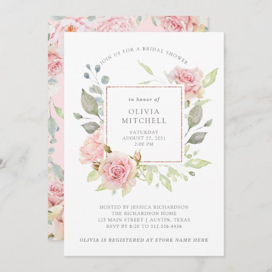 賞与バラエレガントピンクフローラブライダルシャワー 招待状 (正面/裏面)
