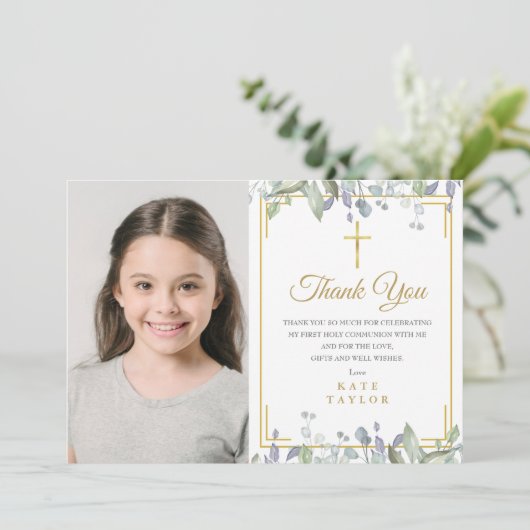 賢いライラックの花のファーストホーリーコミュニオンフォト サンキューカード (スタンド正面)