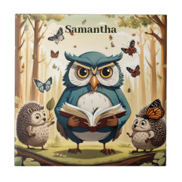 賢い古いフクロウ、蝶、ハリネズミ編集可能な名前 タイル