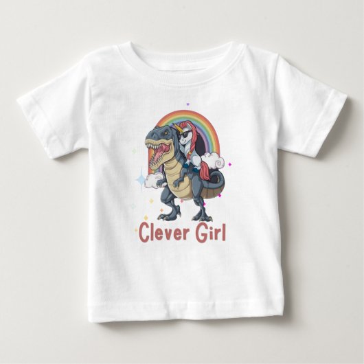 賢い女の子 – Unicorn Riding Dinosale Edition ベビーTシャツ (正面)