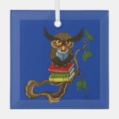 賢い青い可愛い茶色の読書フクロウ本 ガラスオーナメント (正面)