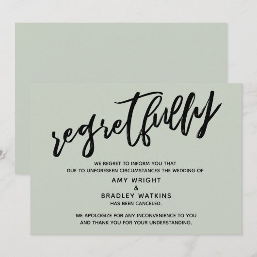 賢い、結婚式中止のお詫びカード 手書きでキャンセル 招待状 (正面/裏面)