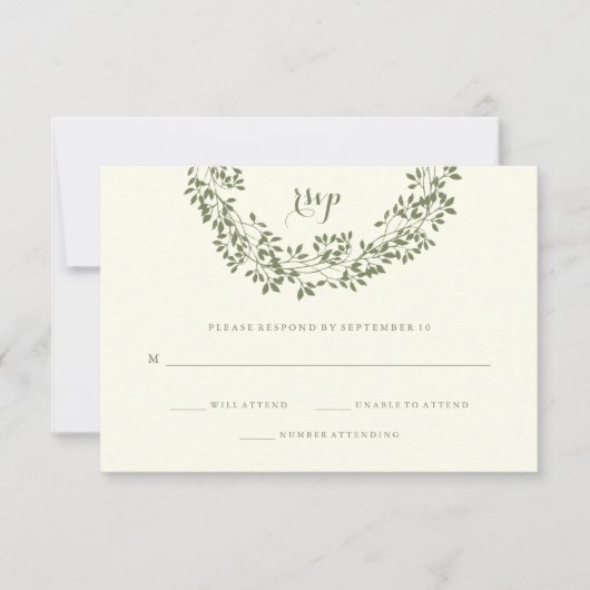 賢人およびアイボリーの素朴な植物のリースRSVP 出欠カード (正面)