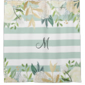 賢人およびアイボリー|の花およびストライプなモノグラム シャワーカーテン (正面)