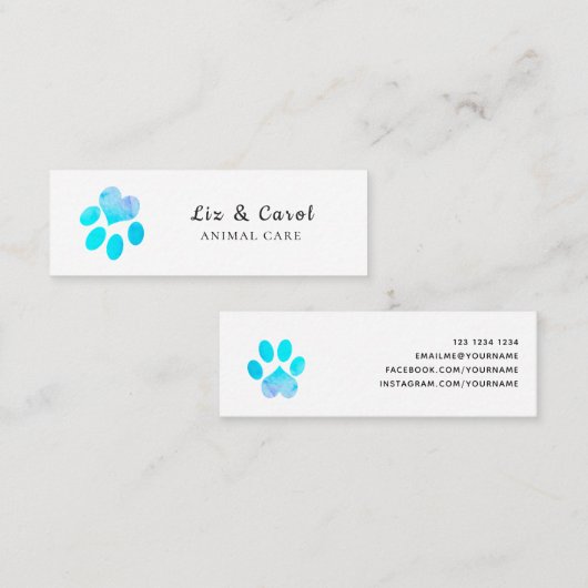 質感的に青い水彩のハートペッツ足印刷 スキニー名刺 (正面/裏面)