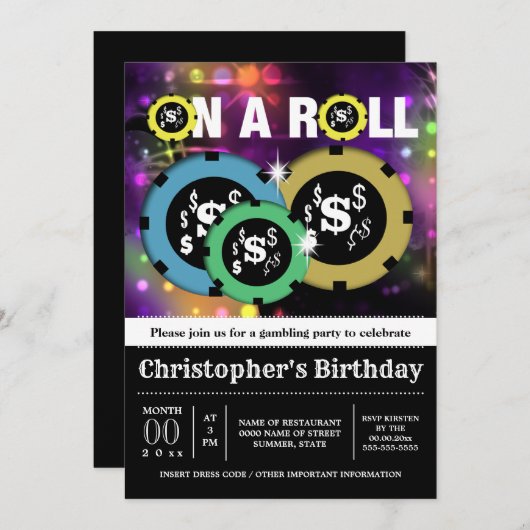 賭博ルーレットチップスベガスパーティーディスコ 招待状 (正面/裏面)