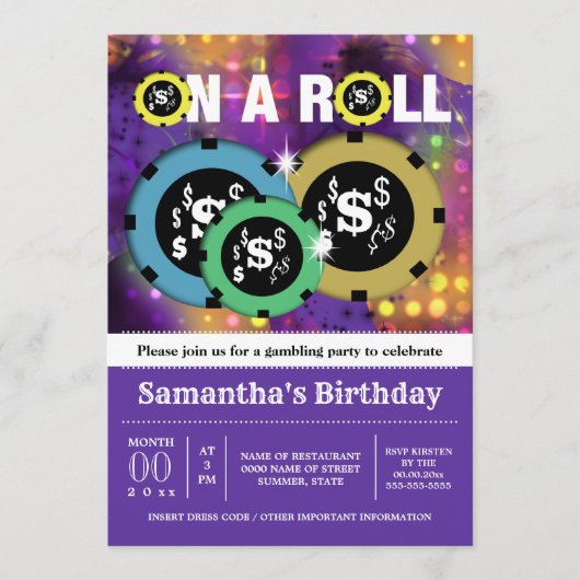 賭博ルーレットチップスベガスパーティーパープル 招待状 (正面)