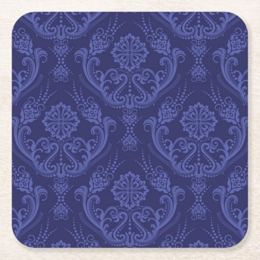 贅沢で青い花のダマスク織の壁紙 スクエアペーパーコースター (正面)