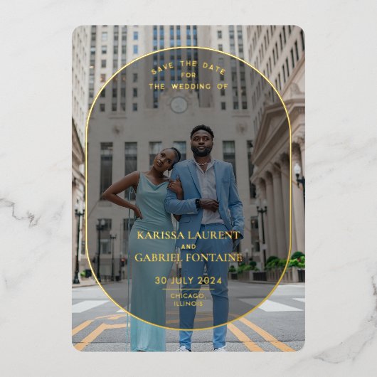 贅沢と写真ミニマル日付の保存 箔招待状 (正面)