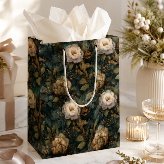 贅沢なクリスマスの冬の緑とクリーム色の花 ミディアムペーパーバッグ