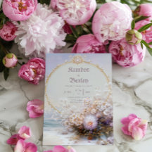 贅沢なゴールドフレーム ビーチ フラワー パステルサン ウェディング