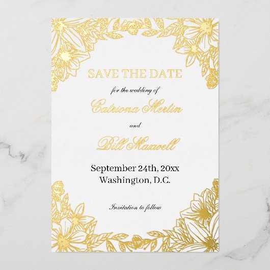 贅沢なゴールド箔フラワー Save The Date カード (正面)