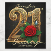 贅沢なシャレードの赤いバラとローズゴールドの透かし彫り 21歳の誕生日 ワインラベル (シングルラベル)