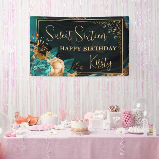 贅沢なティールとゴールドの花柄アゲート Sweet 16 ウェルカム 横断幕 (パーティー)