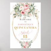 贅沢なパステルピンクの花の15歳の誕生日ウェルカムサイン ポスター (正面)
