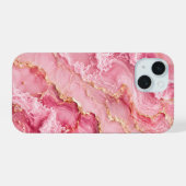 贅沢なピンクのオセアンマーブル ゴールドベイン入り iPhone 15ケース (裏面横)