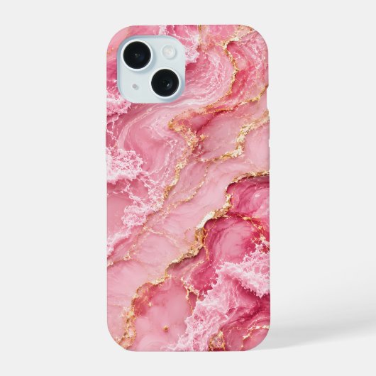 贅沢なピンクのオセアンマーブル ゴールドベイン入り iPhone 15ケース (裏面)