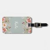 贅沢なピンクの花とセージグリーンのカスタムネーム ラゲッジタグ (正面横)