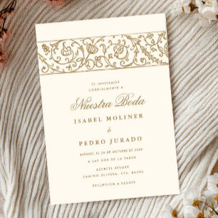 贅沢なフローラルクリームとゴールドのNuestra Boda ウェディング 招待状