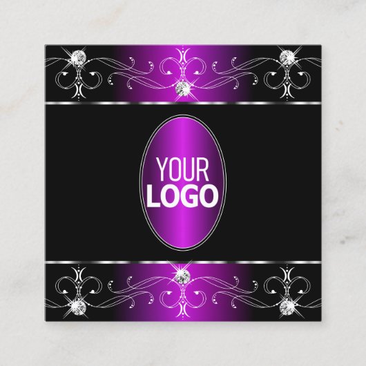 贅沢なブラックパープル華美オーナメントロゴの追加 スクエア名刺 (正面)