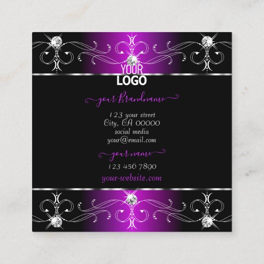 贅沢なブラックパープル華美オーナメントロゴの追加 スクエア名刺 (裏面)