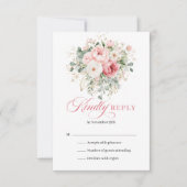 贅沢なボヘミアン風ピンクの花とゴールドの結婚式RSVP 出欠カード (正面)