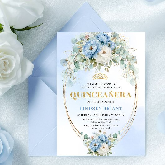 贅沢なボヘミアン風ブルーピオニーのQuinceañera印刷物 招待状