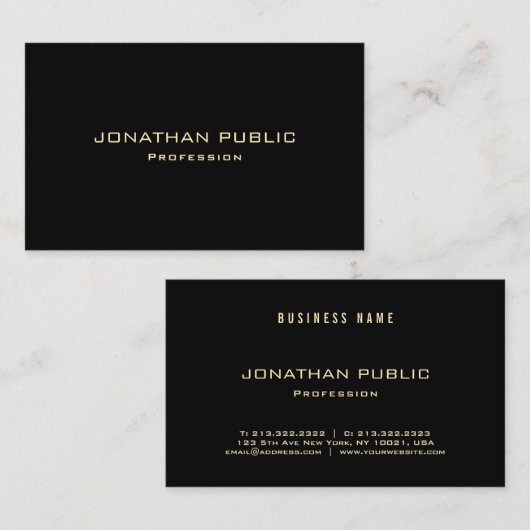 贅沢なモダンでエレガントな金ゴールドの文字の黒のテンプレート 名刺 (正面/裏面)