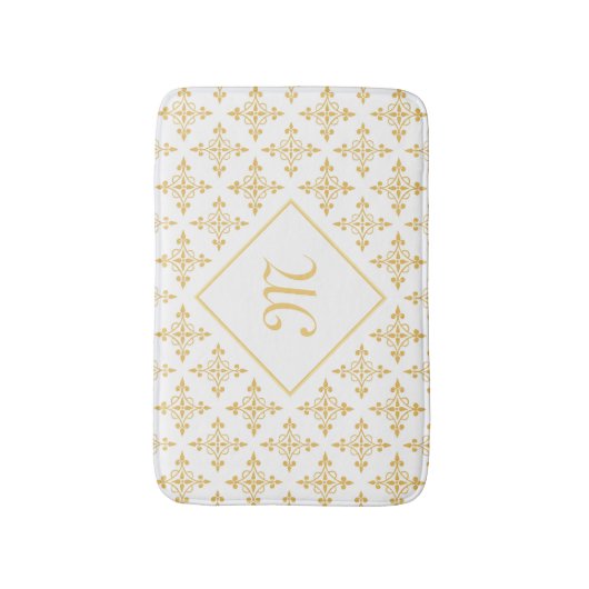 贅沢なモノグラムの白および金ゴールドのQuatreの花柄 バスマット (正面縦)
