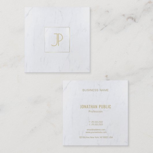 贅沢な大理石のモダンなテンプレートの金ゴールドのモノグラム スクエア名刺 (正面/裏面)