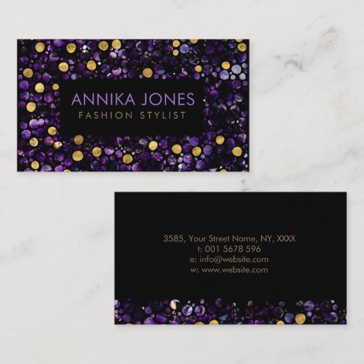 贅沢な点の芸術のアメジストおよび金ゴールド 名刺 (正面/裏面)