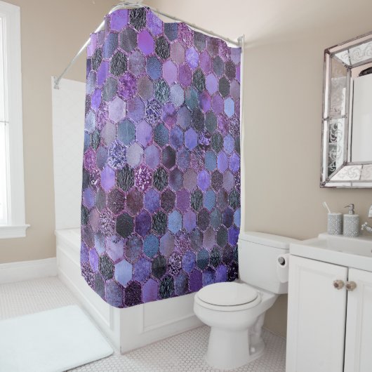 贅沢な紫色の金属ホイルのグリッターの蜜蜂の巣パターン シャワーカーテン (インサイチュ)