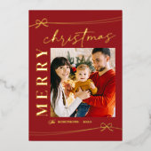 贅沢な赤とゴールドのメリークリスマス手書きフォト 箔シーズンカード (正面)