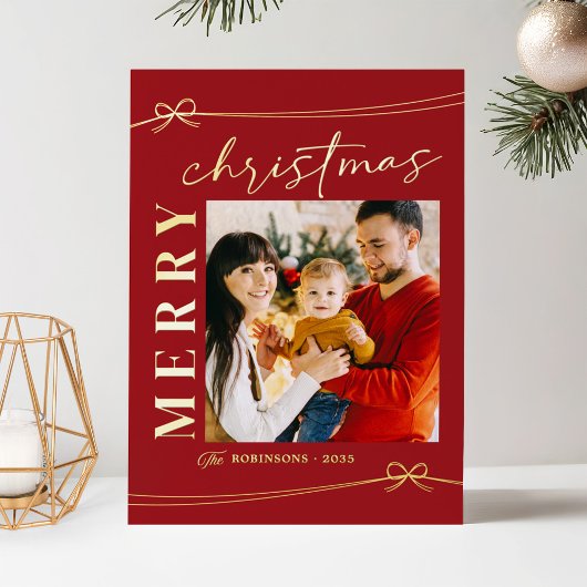 贅沢な赤とゴールドのメリークリスマス手書きフォト 箔シーズンカード