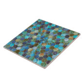 贅沢な金属ホイルのグリッターの水のティール（緑がかった色）の蜜蜂の巣 タイル (側面)