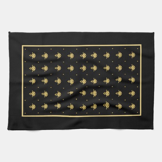 贅沢な黒および金ゴールドのヴィンテージのダマスク織パターン キッチンタオル (横)