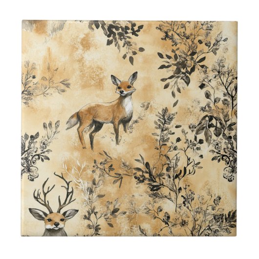 贅沢な黒と金の植物画の狐アート (5) タイル (正面)
