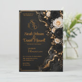 贅沢な黒金結婚式招待状テンプレート 3D 招待状 (スタンド正面)