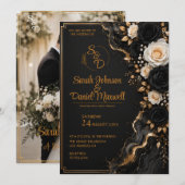 贅沢な黒金結婚式招待状テンプレート 3D 招待状 (正面/裏面)
