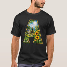 贅沢な3DゴールドレターAひまわりコテージTシャツ