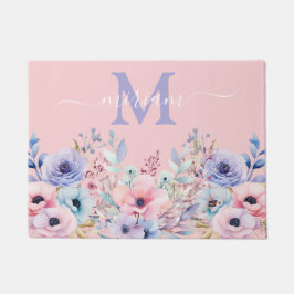 贅沢キッチンフロアマット: ピンクとブルーの花 ドアマット
