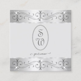 贅沢シルバーグレー華美オーナメントモノグラム スクエア名刺