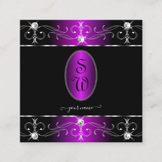 贅沢ブラックパープル華美オーナメントモノグラム スクエア名刺 (正面)