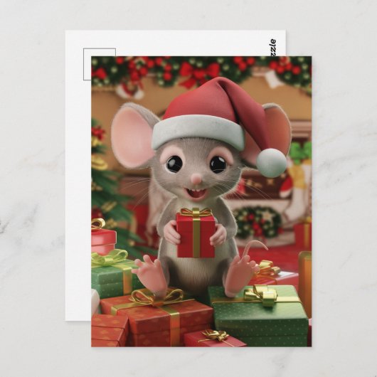 贈り物おもしろいに座るクリスマスマウス ポストカード (正面/裏面)