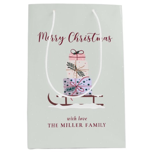 贈り物でいっぱいのクリスマスそり ミディアムペーパーバッグ (正面)