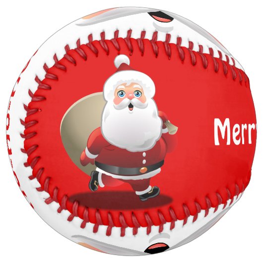 贈り物でいっぱいの袋を持つ笑顔のサンタクロース ソフトボール (正面左)