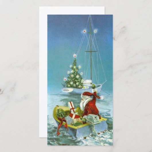 贈り物とボートに乗ったビンテージクリスマスサンタ シーズンカード (正面/裏面)