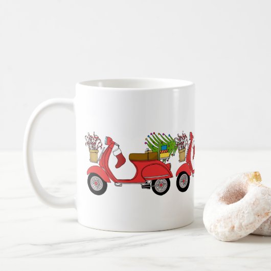 贈り物と手で描かれたクリスマススクーター コーヒーマグカップ (ドーナツ)